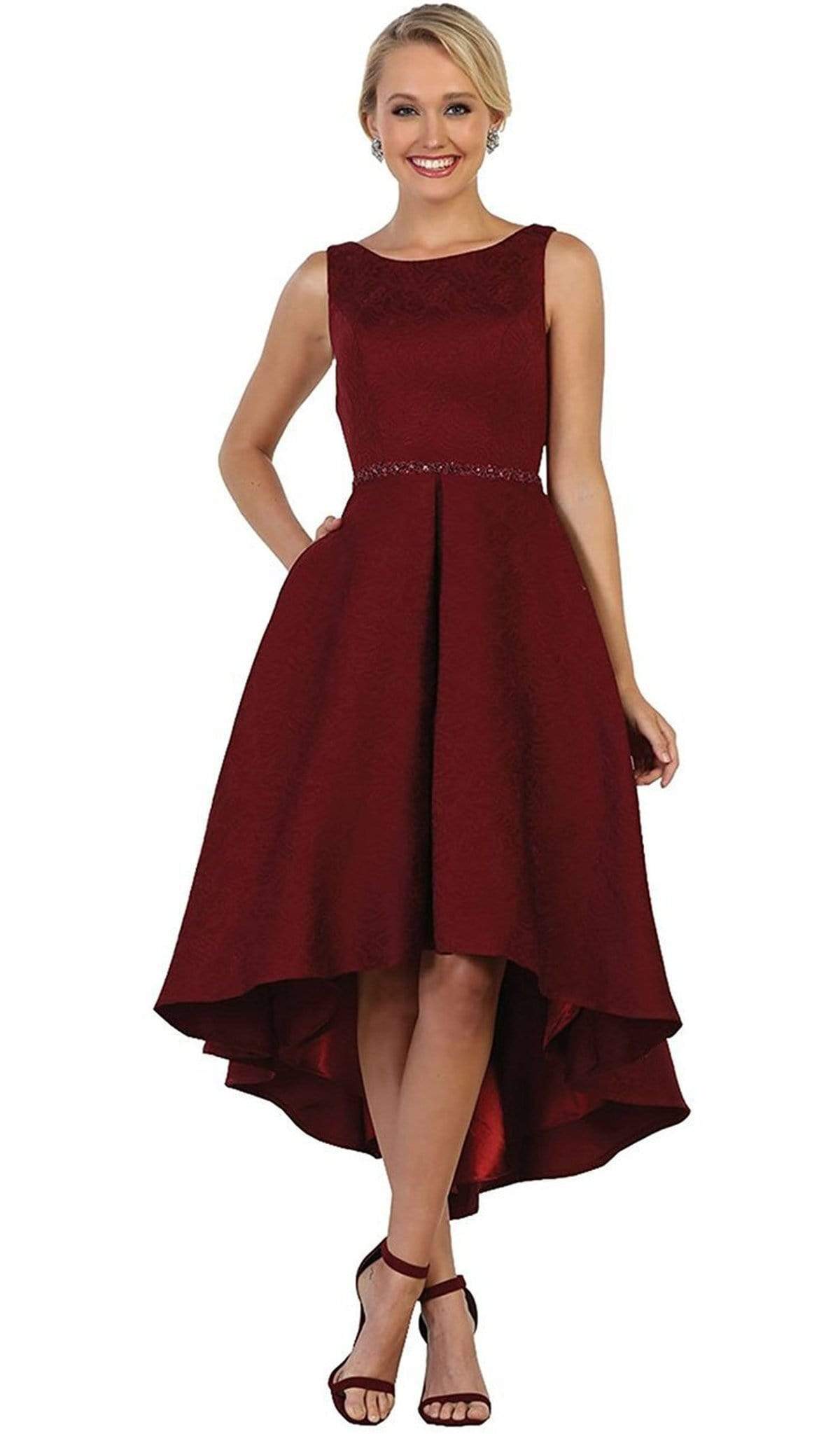 May Queen - RQ7604 Embellished Bateau High Low A-line Cocktail Dress Special Occasion Dress 4 / Burgundy