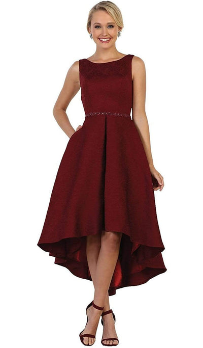 May Queen - RQ7604 Embellished Bateau High Low A-line Cocktail Dress Special Occasion Dress 4 / Burgundy
