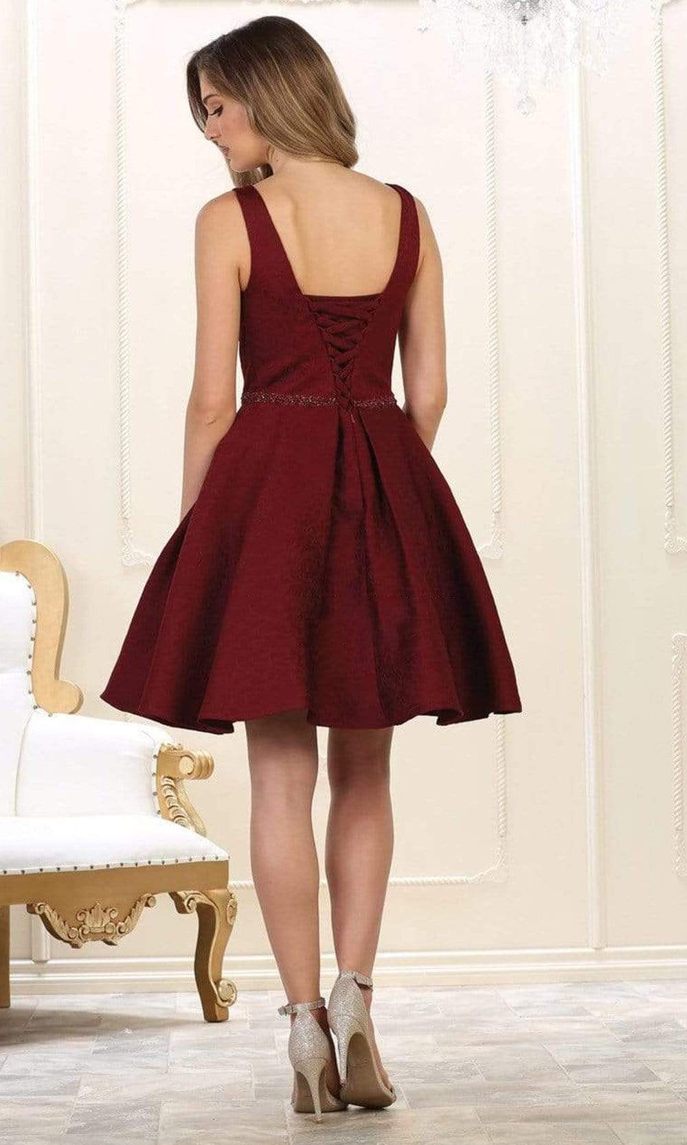 May Queen - RQ7605 Embossed Accented Beaded Waist A-Line Dress Cocktail Dresses