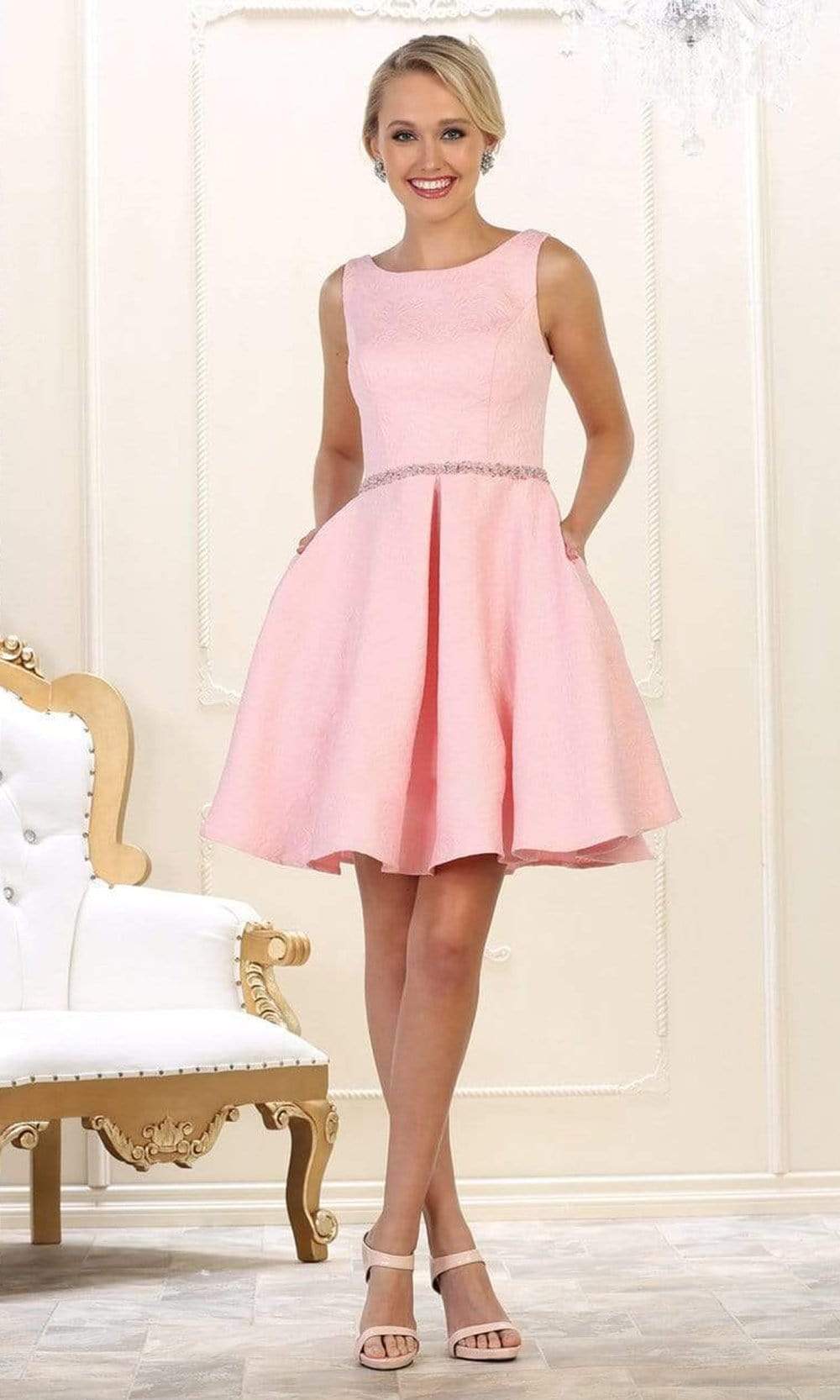 May Queen - RQ7605 Embossed Accented Beaded Waist A-Line Dress Cocktail Dresses 4 / Dusty Rose