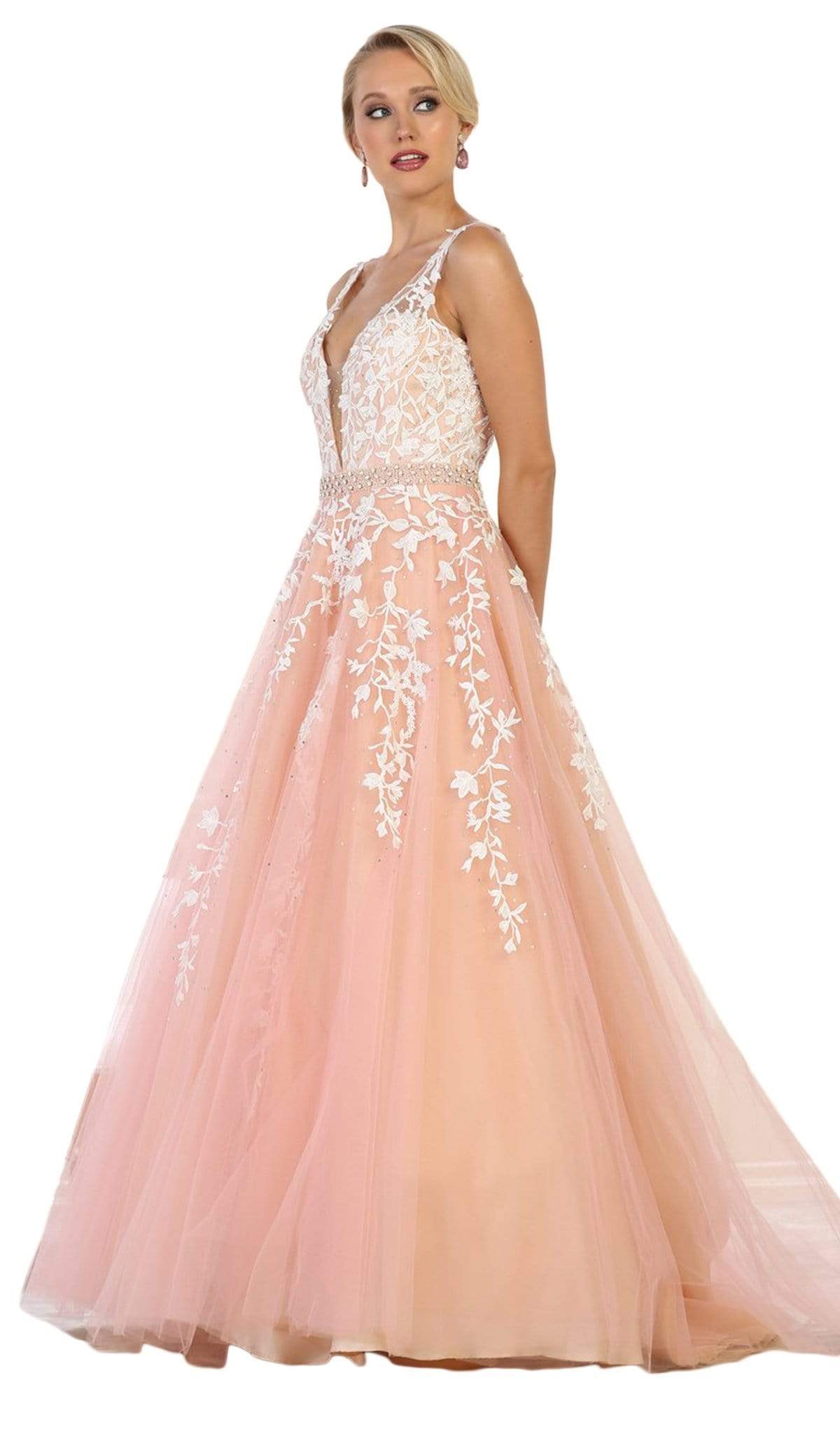 May Queen - RQ7613 Trailing Foliage Plunging Sweetheart Gown Prom Dresses 4 / Blush/Nude