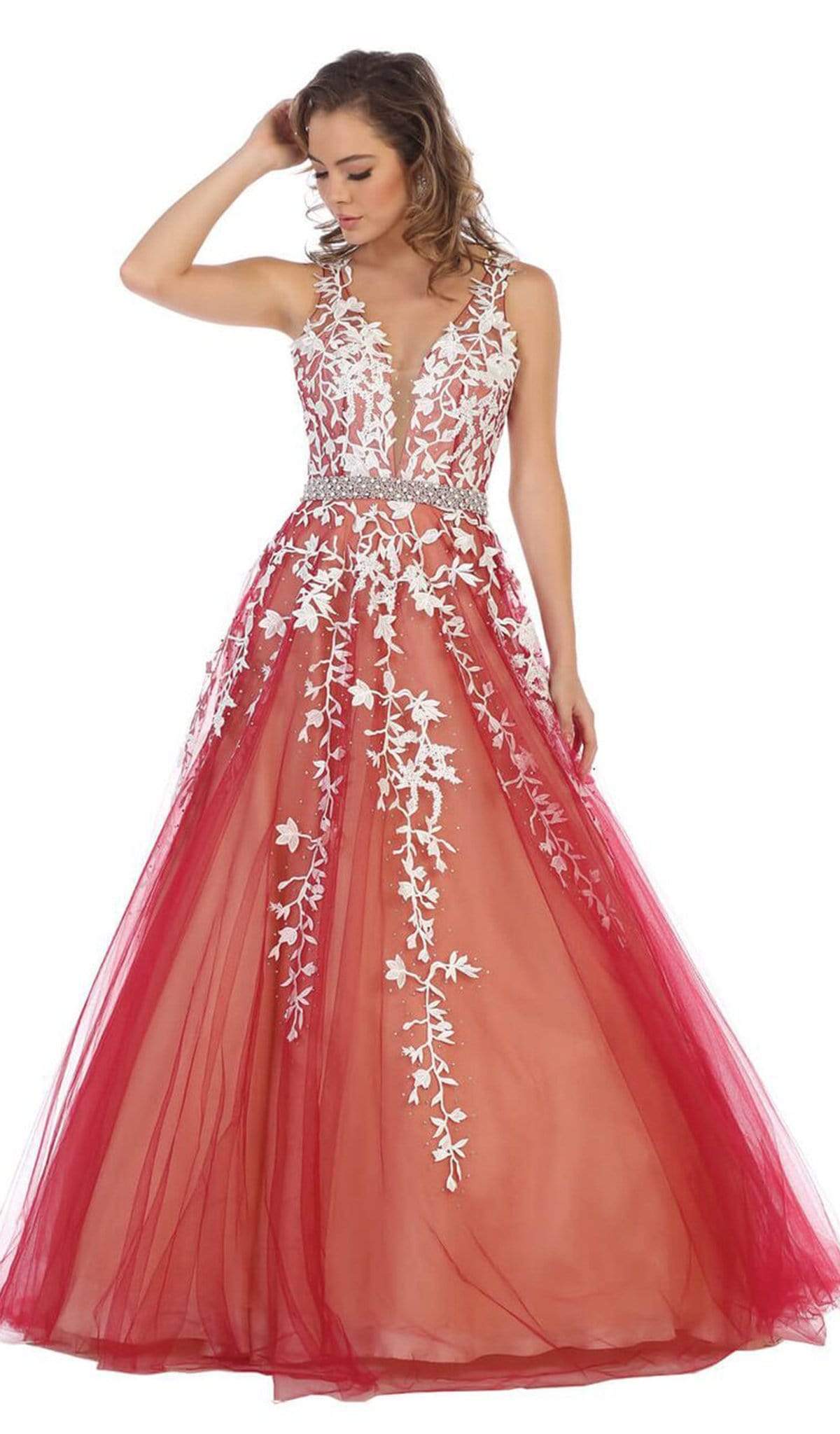 May Queen - RQ7613 Trailing Foliage Plunging Sweetheart Gown Prom Dresses 4 / Burgundy/Nude