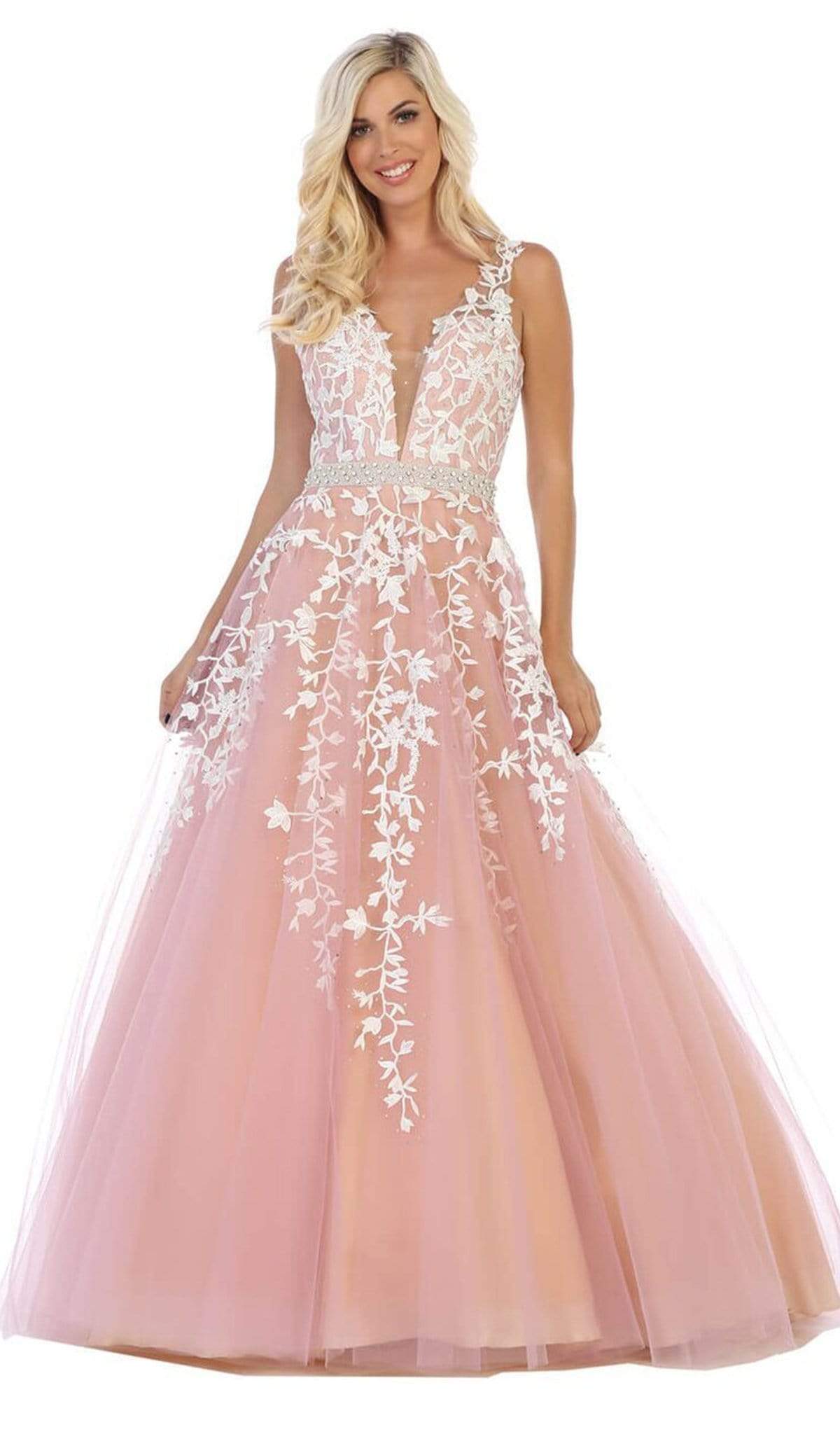 May Queen - RQ7613 Trailing Foliage Plunging Sweetheart Gown Prom Dresses 4 / Mauve/Nude