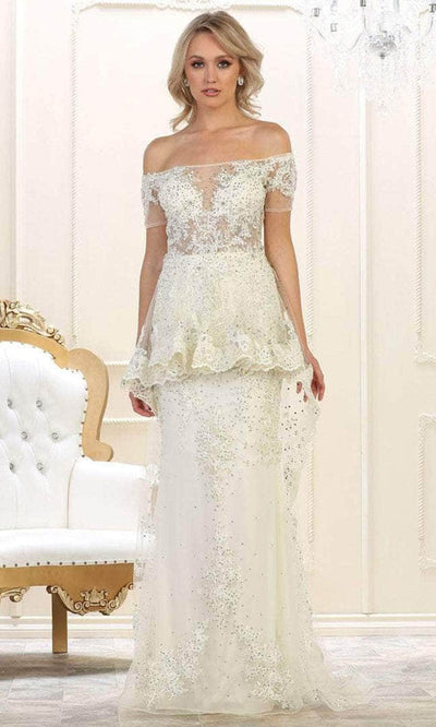 May Queen RQ7620 - Embroidered Cascading Peplum Formal Gown Evening Dresses 4 / Ivory