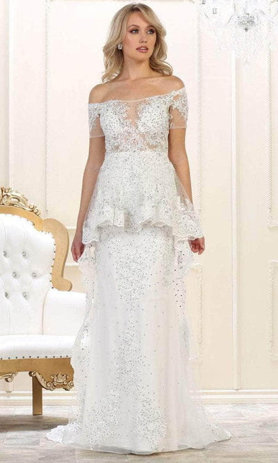 May Queen RQ7620 - Embroidered Cascading Peplum Formal Gown Evening Dresses 4 / White