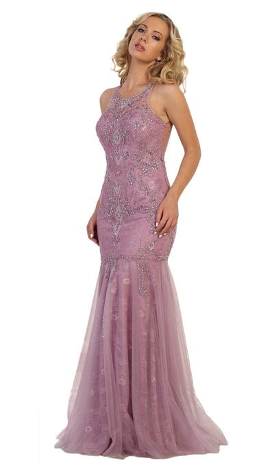 May Queen - RQ7623 Crystal Beaded Illusion Lace Trumpet Gown Special Occasion Dress 2 / Mauve