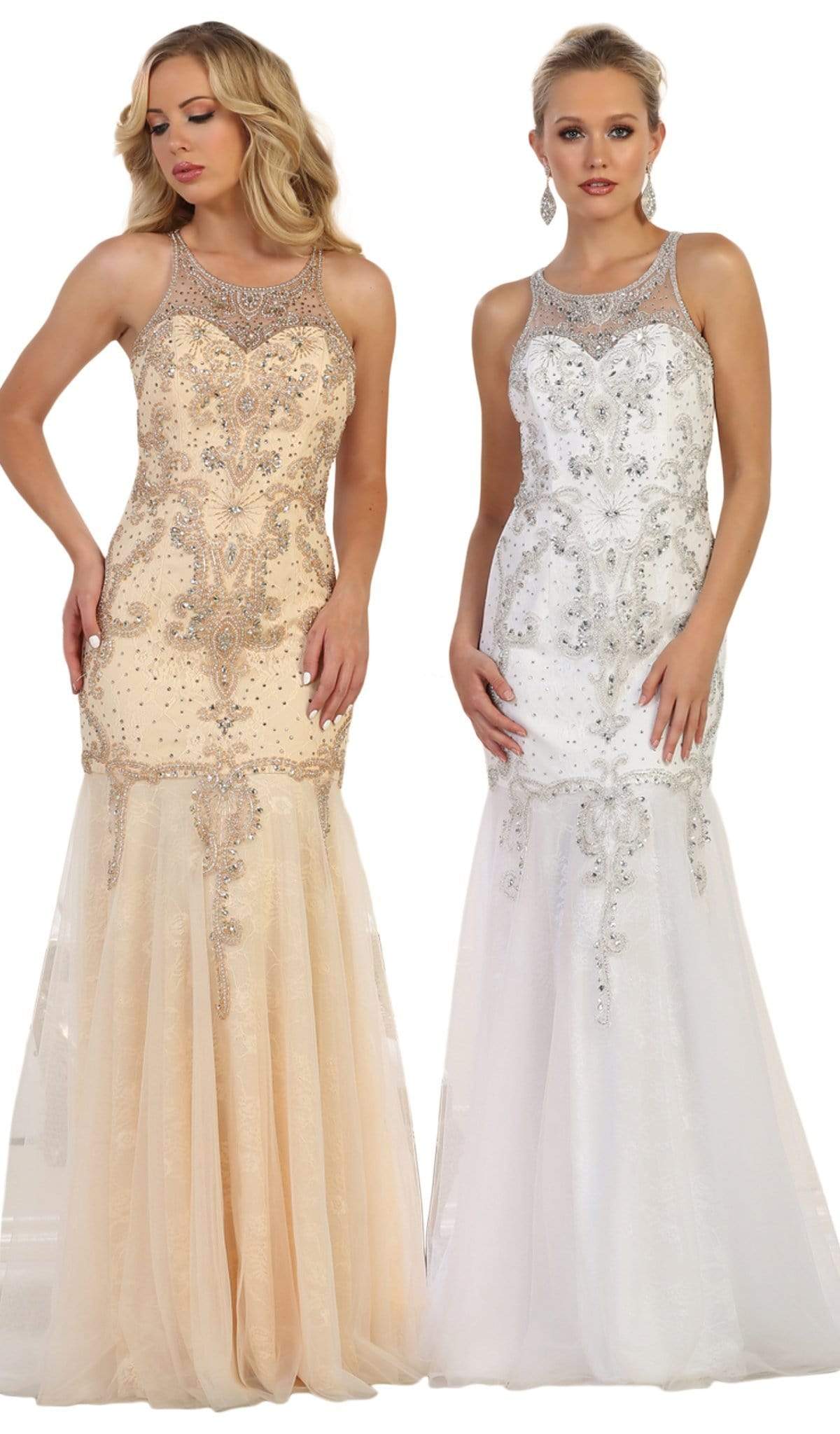 May Queen - RQ7623 Crystal Beaded Illusion Lace Trumpet Gown Special Occasion Dress 2 / White