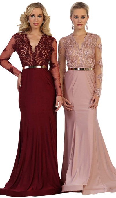 May Queen - RQ7624 Lace Deep Scalloped V-neck Trumpet Dress Evening Dresses 2 / Burgundy