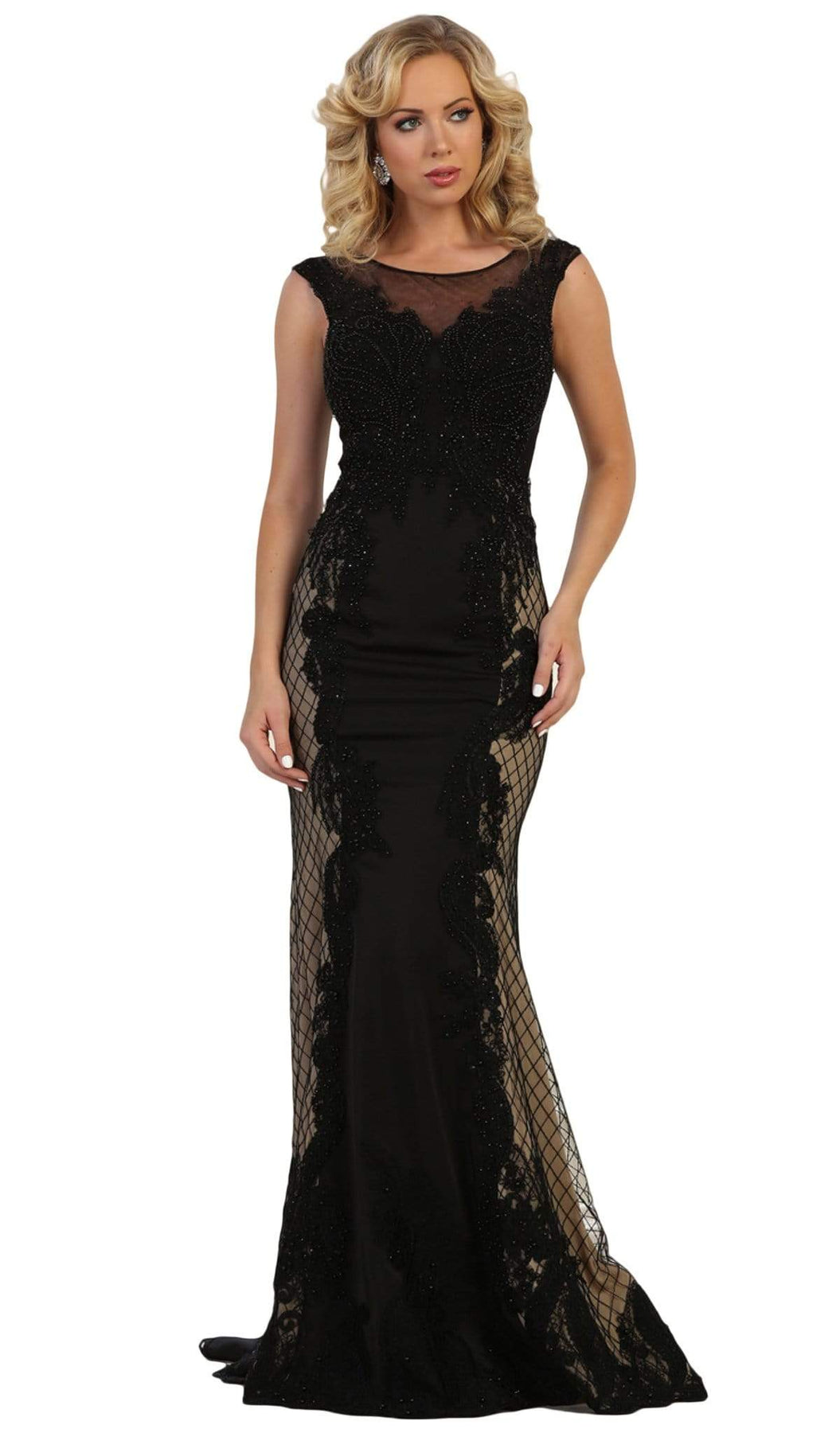 May Queen - RQ7626 Embroidered Illusion Bateau Dress Special Occasion Dress 4 / Black/Nude