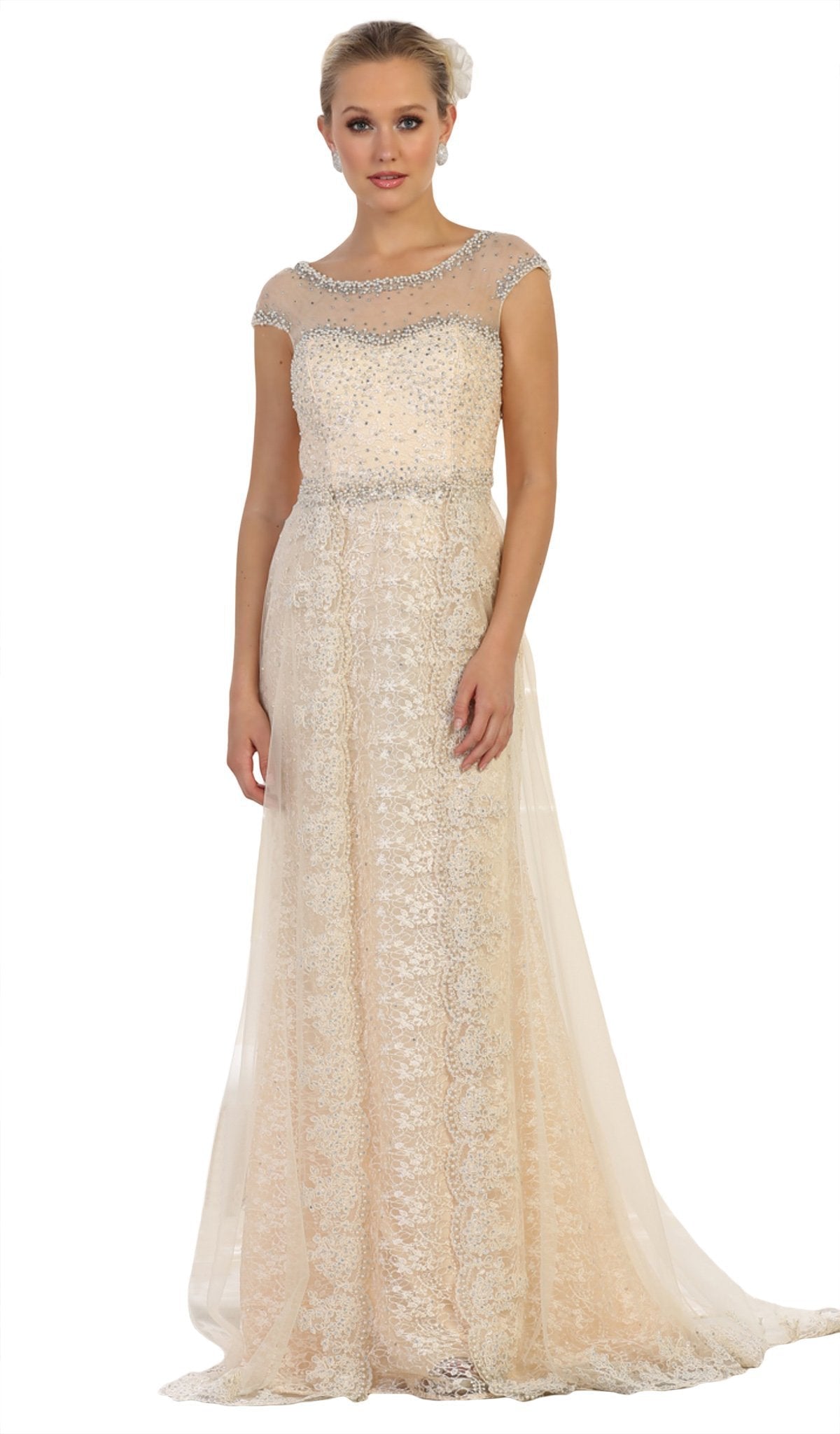 May Queen - RQ7627 Embroidered Bateau A-line Dress Special Occasion Dress 4 / Champagne