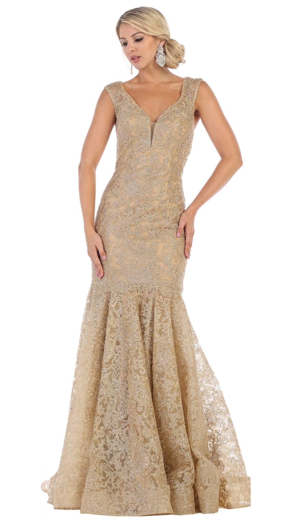 May Queen - RQ7635 Embellished Plunging V-neck Mermaid Dress Special Occasion Dress 2 / Gold