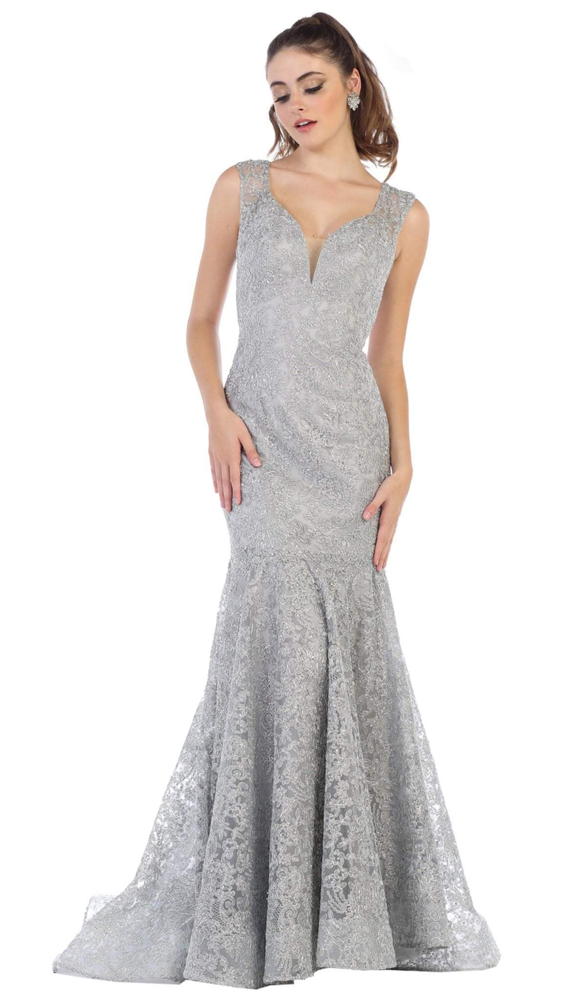 May Queen - RQ7635 Embellished Plunging V-neck Mermaid Dress Special Occasion Dress 2 / Silver