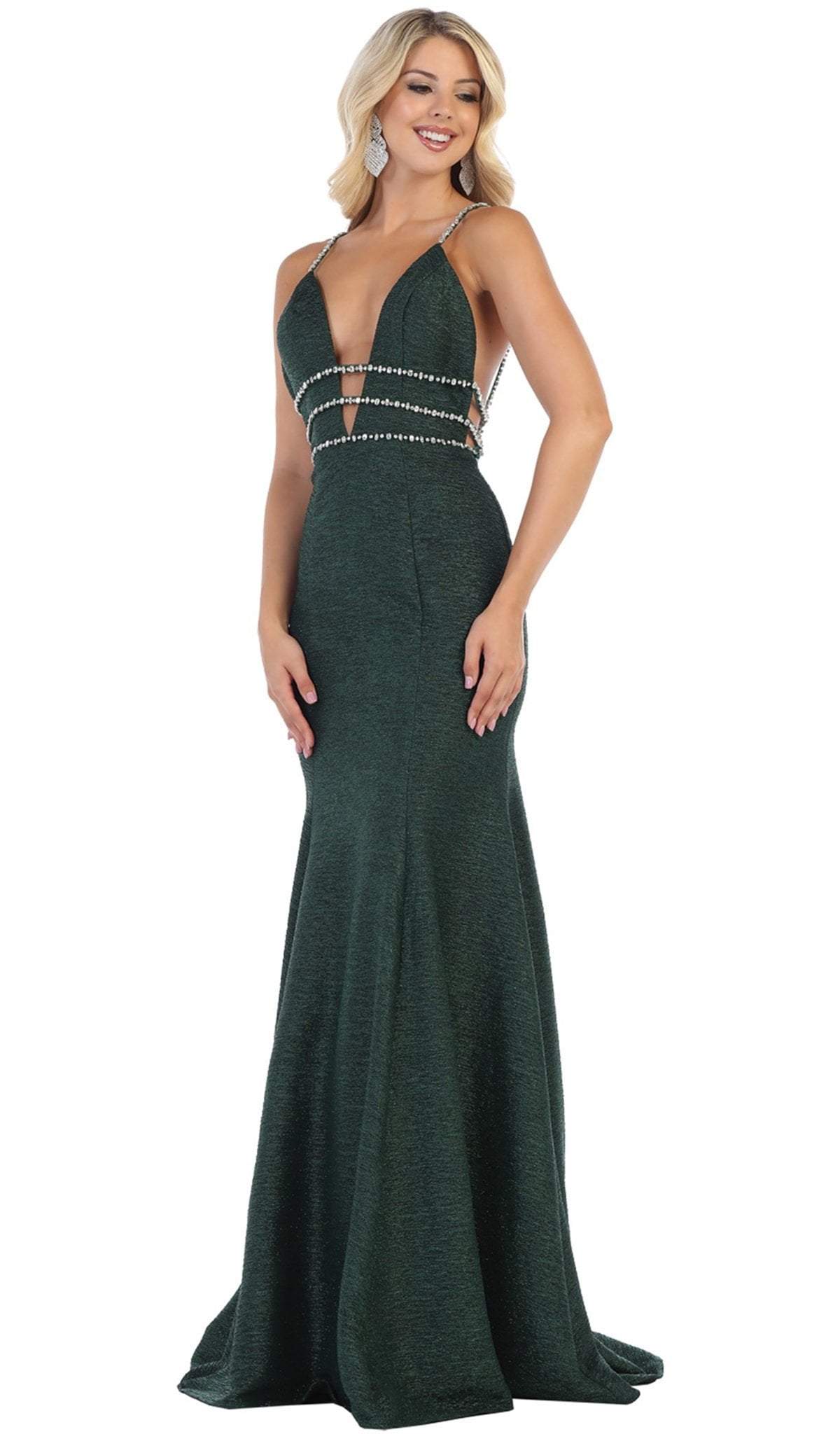 May Queen - RQ7638 Crystalline Tri-Band Plunging Trumpet Gown Special Occasion Dress 2 / Hunter Green