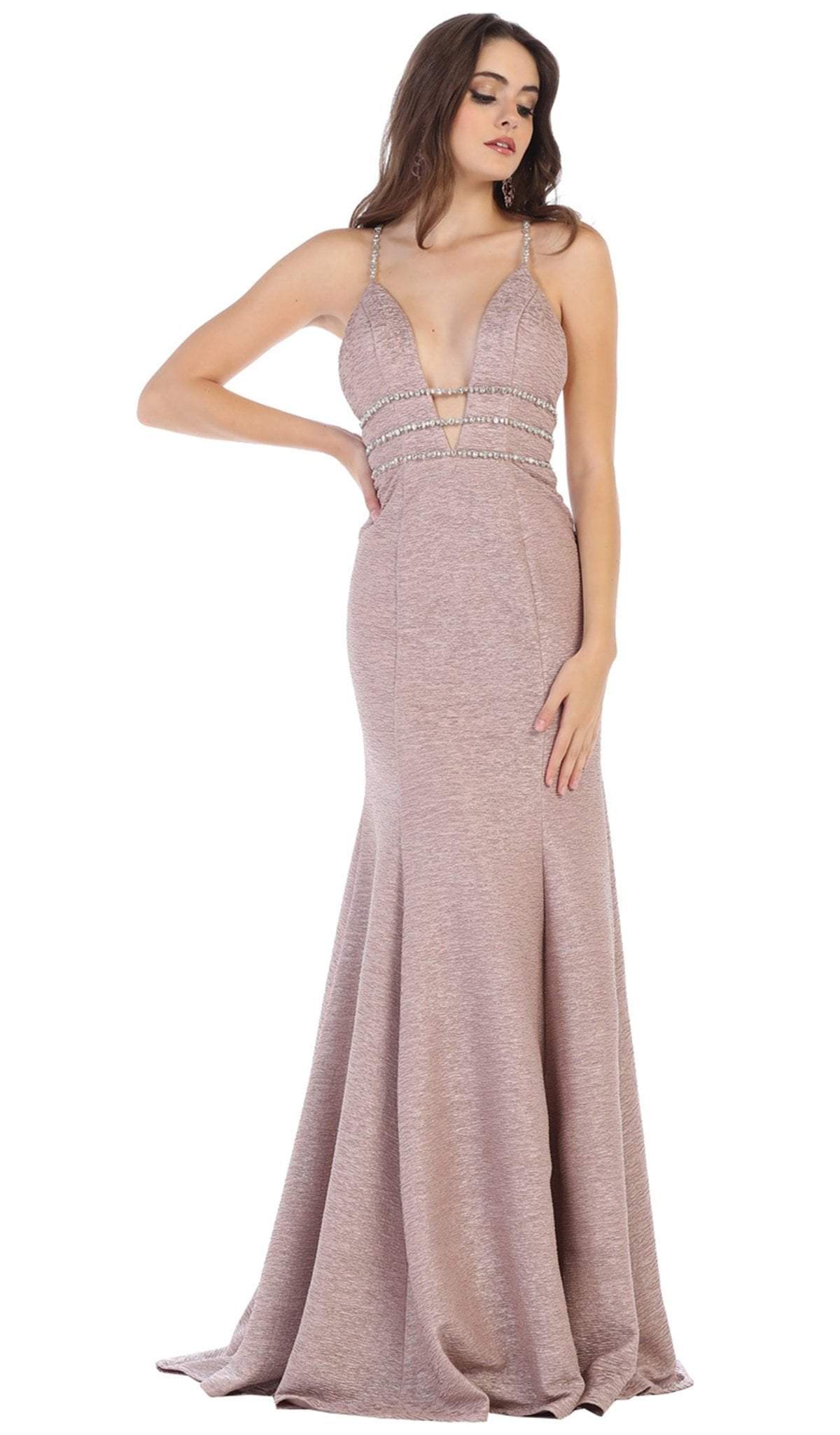 May Queen - RQ7638 Crystalline Tri-Band Plunging Trumpet Gown Special Occasion Dress 2 / Mauve