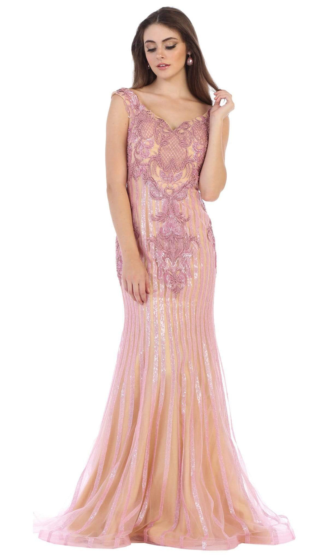 May Queen - RQ7640 Embellished Wide V-neck Trumpet Dress Special Occasion Dress 4 / Dusty-Rose