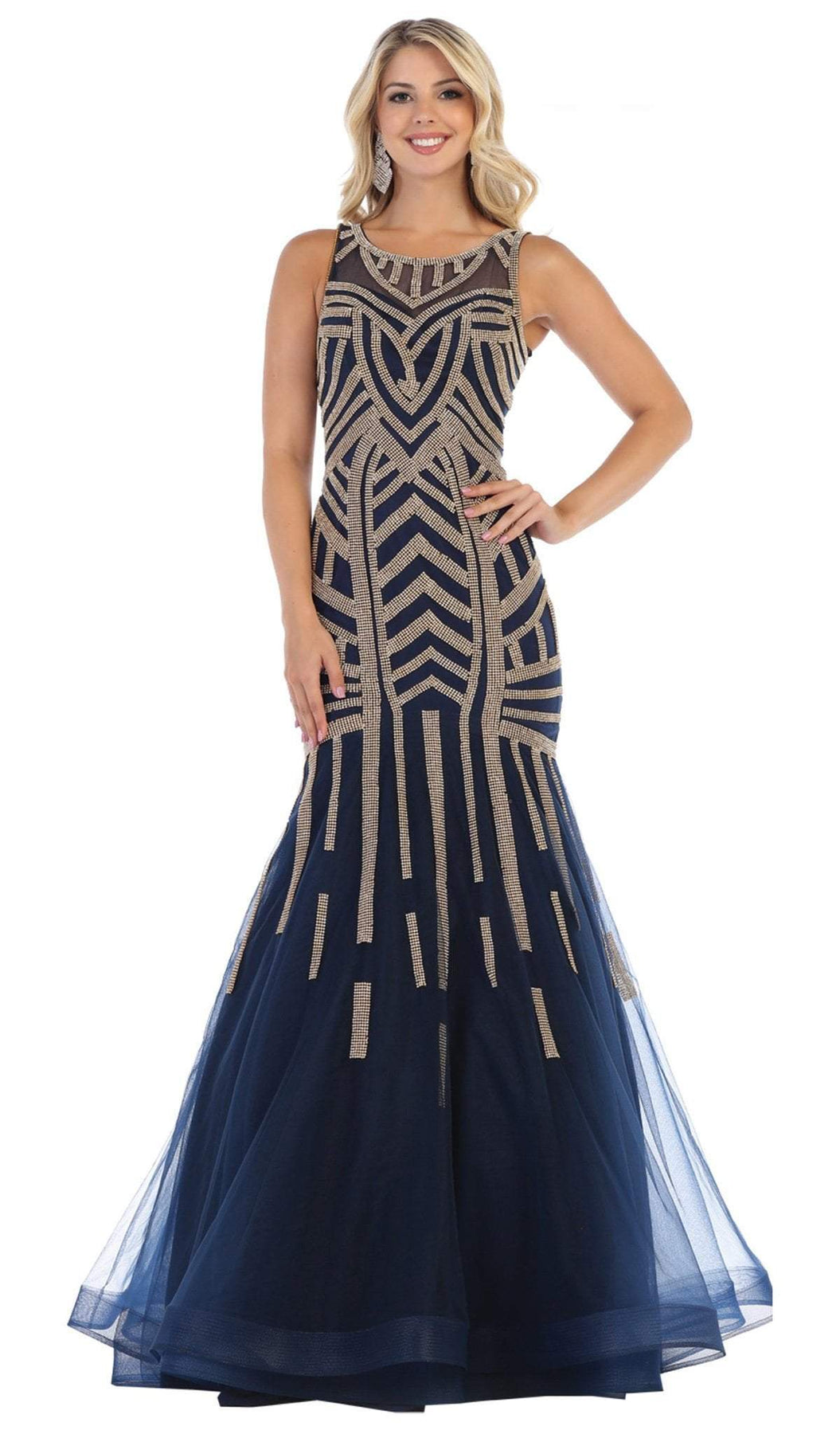 May Queen - RQ7646 Sequin Embellished Illusion Scoop Gown Special Occasion Dress 4 / Navy/Gold
