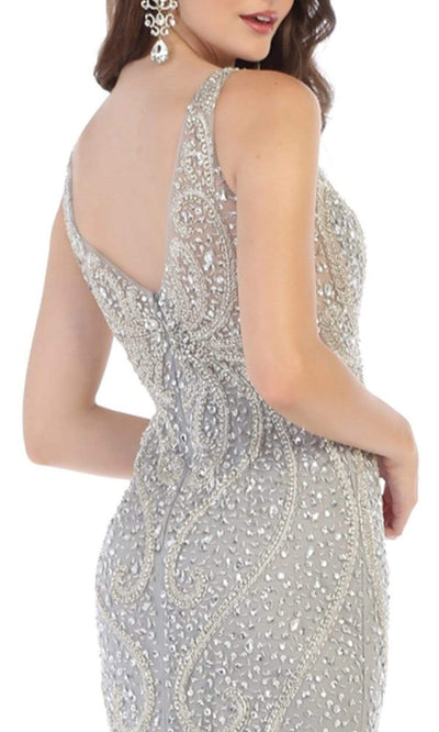 May Queen - RQ7650SC Crystal Beaded V Neck Long Gown In Silver