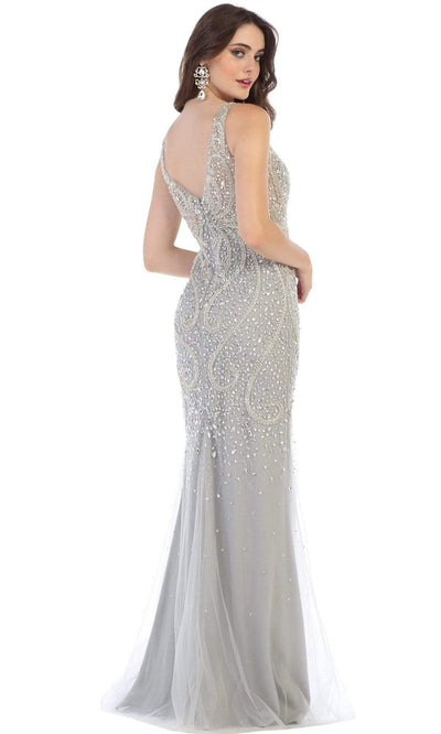 May Queen - RQ7650SC Crystal Beaded V Neck Long Gown In Silver