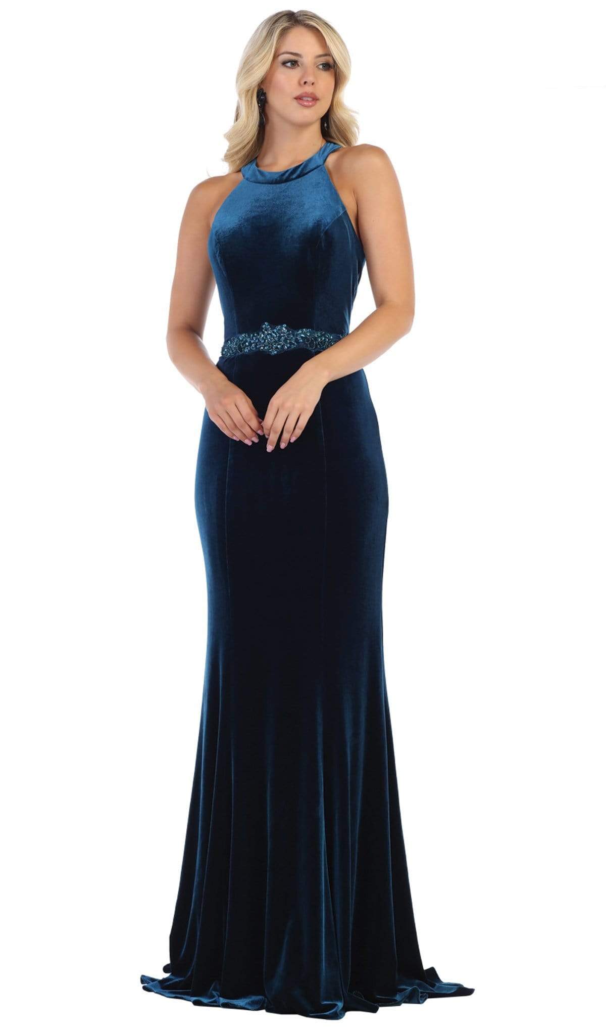 May Queen - RQ7652 Fitted Jewel Sheath Evening Dress Special Occasion Dress 4 / Teal-Blue
