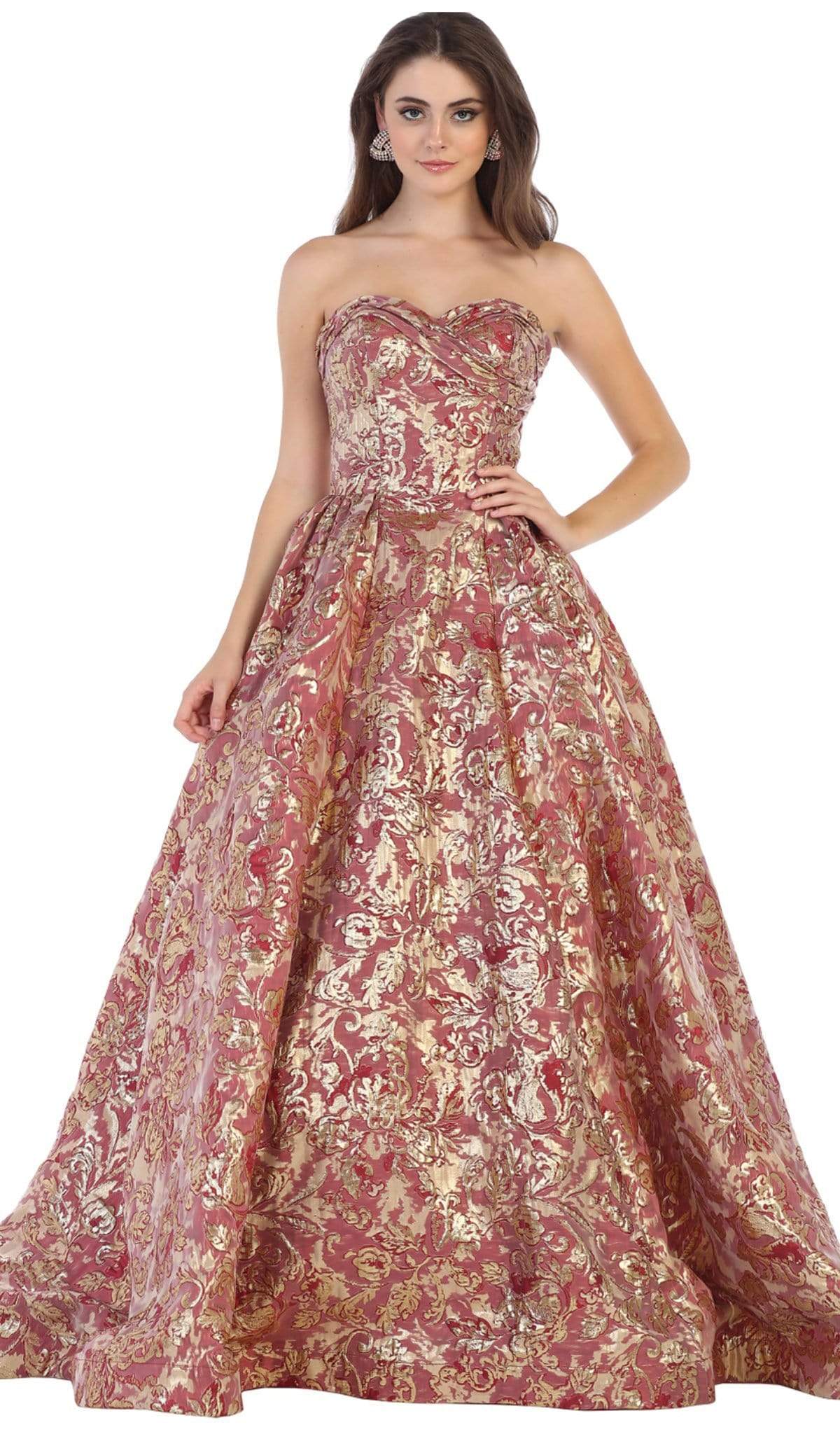 May Queen - RQ7653 Two Tone Strapless Sweetheart Ballgown Special Occasion Dress 4 / Burg/Gold