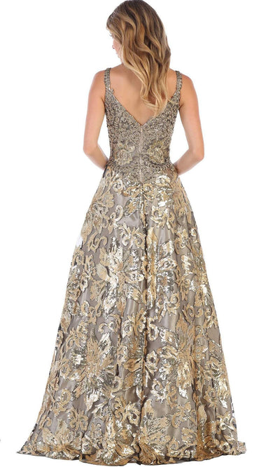May Queen - RQ7655SC Floral High-Embellished A-line Gown In Gold and Silver