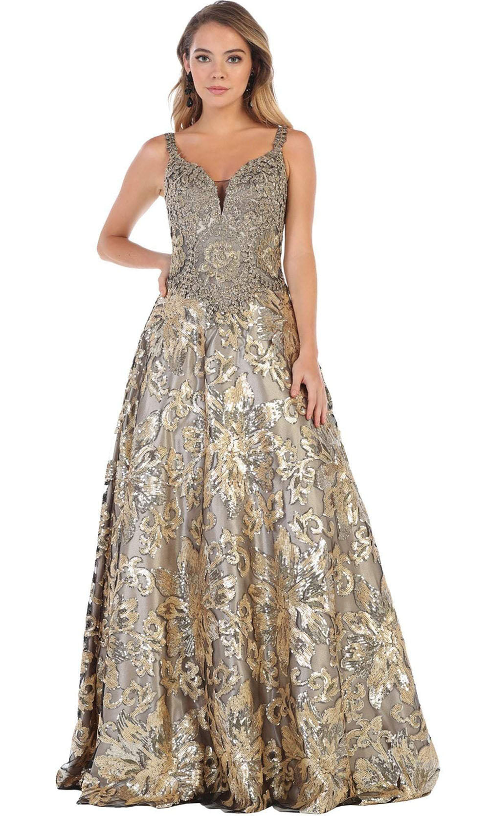 May Queen - RQ7655SC Floral High-Embellished A-line Gown In Gold and Silver