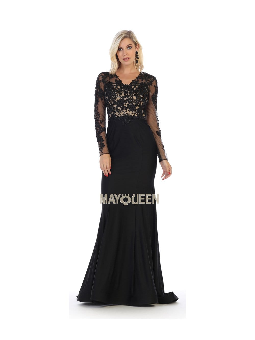May Queen - RQ7661 Illusion Long Sleeve Appliqued Mermaid Gown Mother of the Bride Dresses 4 / Black
