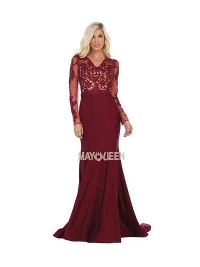 May Queen - RQ7661 Illusion Long Sleeve Appliqued Mermaid Gown Mother of the Bride Dresses 4 / Burgundy