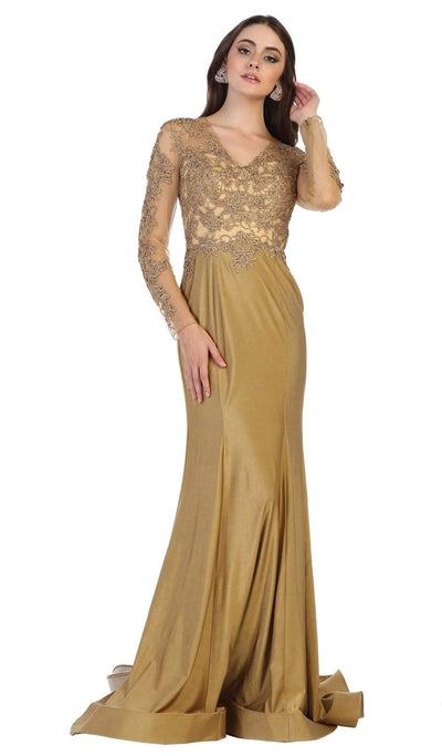 May Queen - RQ7661 Illusion Long Sleeve Appliqued Mermaid Gown Mother of the Bride Dresses 4 / Gold