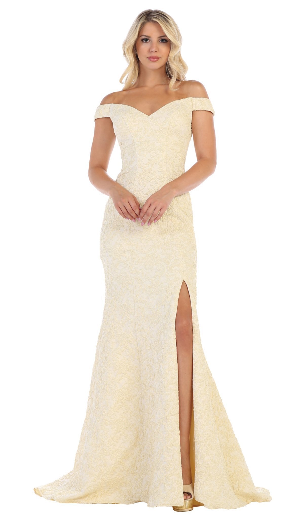 May Queen - RQ7663 Off-Shoulder Trumpet Dress With High Slit Prom Dresses 4 / Yellow