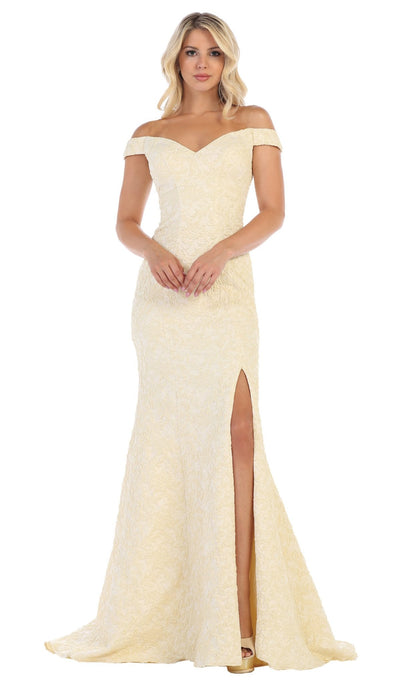 May Queen - RQ7663 Off-Shoulder Trumpet Dress With High Slit Prom Dresses 4 / Yellow