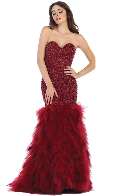 May Queen - RQ7668 Strapless Crystal Ornate Feathered Tulle Gown Special Occasion Dress 2 / Burgundy