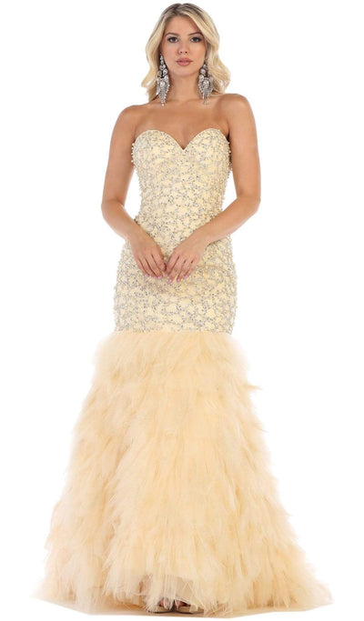 May Queen - RQ7668 Strapless Crystal Ornate Feathered Tulle Gown Special Occasion Dress 2 / Champagne
