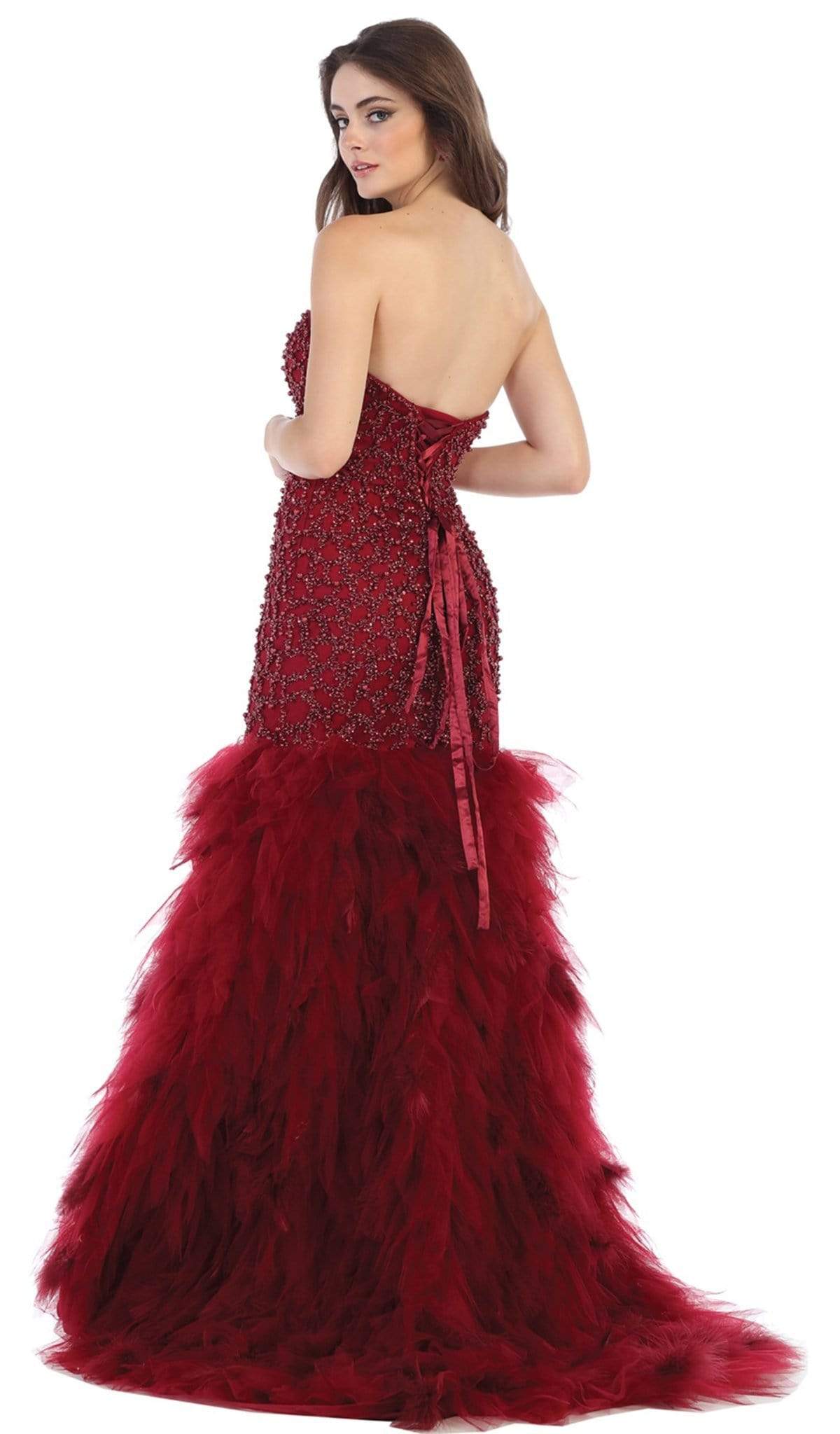 May Queen - RQ7668 Strapless Crystal Ornate Feathered Tulle Gown Special Occasion Dress