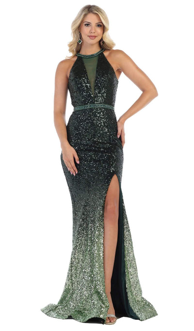 May Queen - RQ7673 Embellished Halter Trumpet Dress With Train Special Occasion Dress 2 / Hunter-Grn