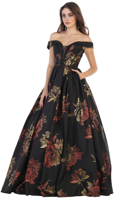 May Queen - RQ7675 Floral Patterned Deep Off-Shoulder Pleated Ballgown Special Occasion Dress 4 / Black/Multi