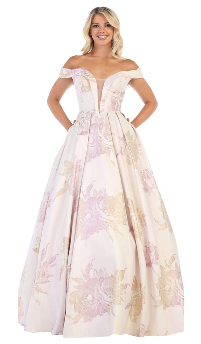 May Queen - RQ7675 Floral Patterned Deep Off-Shoulder Pleated Ballgown Special Occasion Dress 4 / Blush/Multi