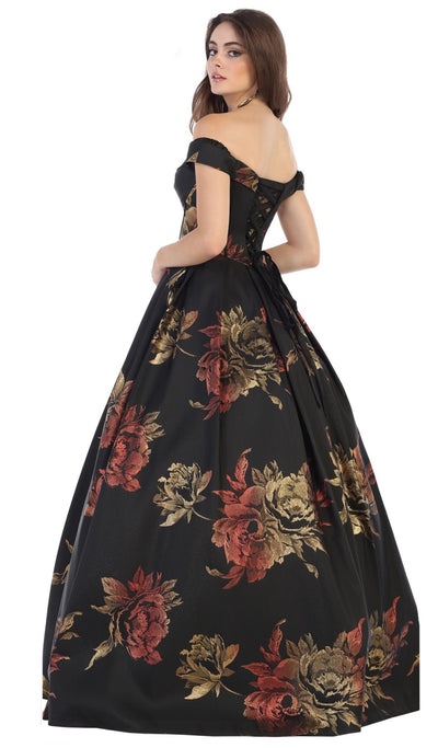 May Queen - RQ7675 Floral Patterned Deep Off-Shoulder Pleated Ballgown Special Occasion Dress