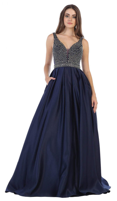 May Queen - RQ7680 Beaded Plunging V-Neck Ballgown Ball Gowns 4 / Navy