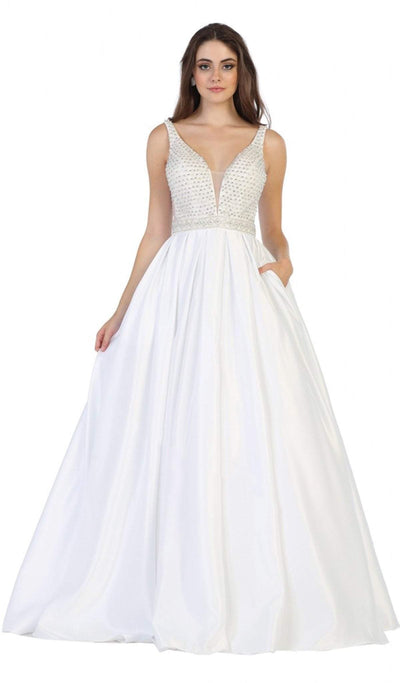 May Queen - RQ7680 Beaded Plunging V-Neck Ballgown Special Occasion Dress 4 / White