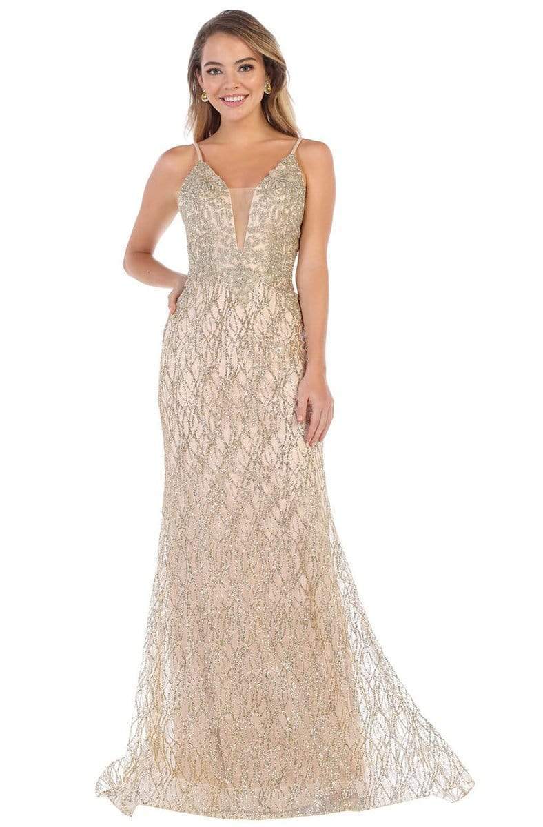 May Queen - RQ7683 Embellished Deep V-neck Trumpet Dress Prom Dresses 2 / Gold