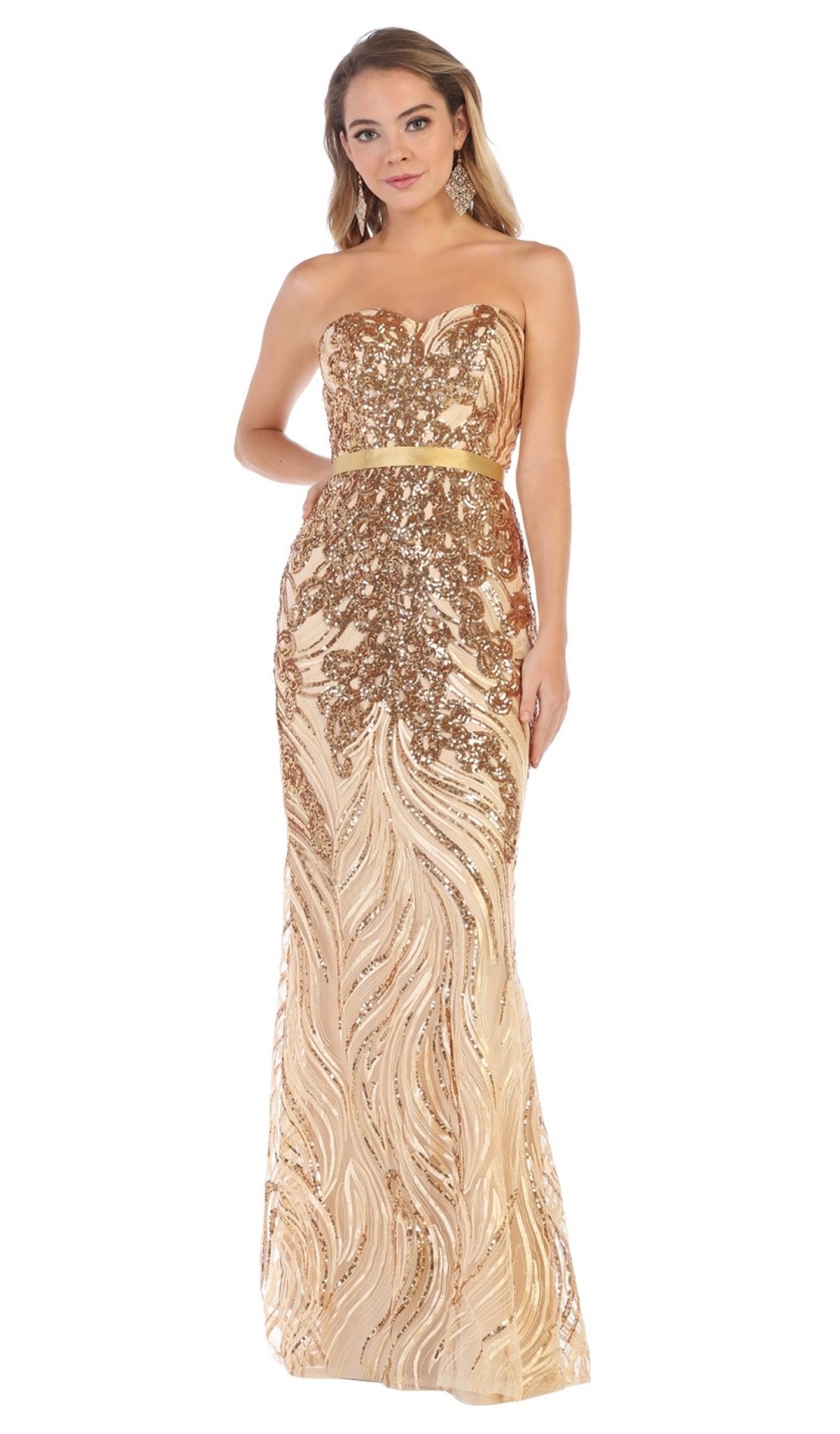 May Queen - RQ7685 Strapless Sequin Embellish Gown Special Occasion Dress 4 / Gold