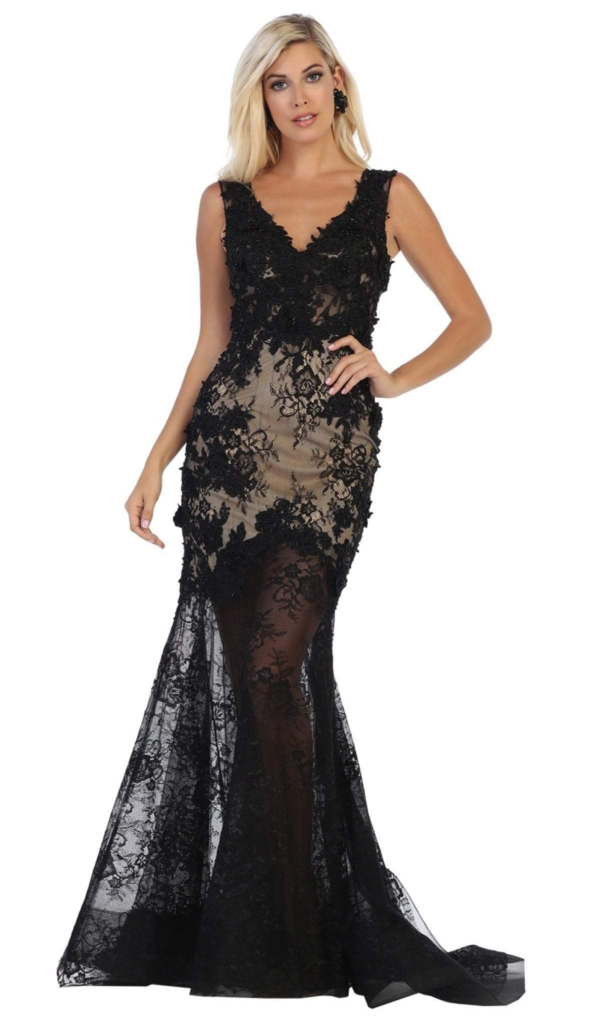 May Queen - RQ7687 Lace Applique V-neck Trumpet Dress Special Occasion Dress 4 / Black/Nude