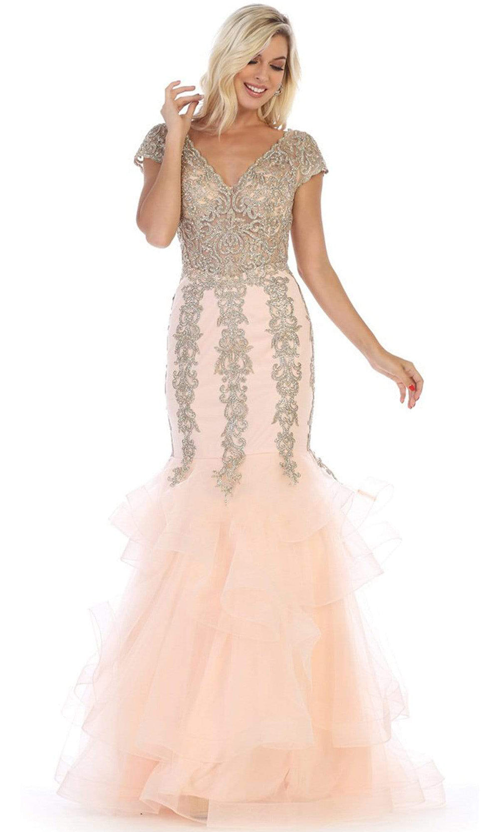 May Queen - RQ7690SC V Neck Scalloped Mermaid Gown In Pink and Gold