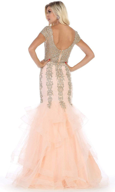 May Queen - RQ7690SC V Neck Scalloped Mermaid Gown In Pink and Gold