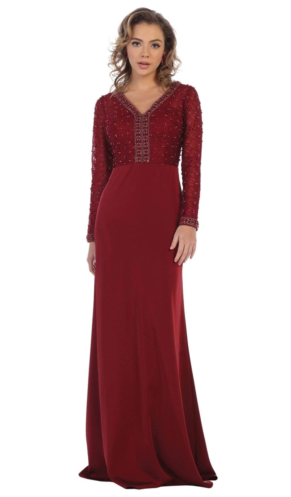 May Queen - RQ7692 Applique Long Sleeve Column Dress Special Occasion Dress M / Burgundy