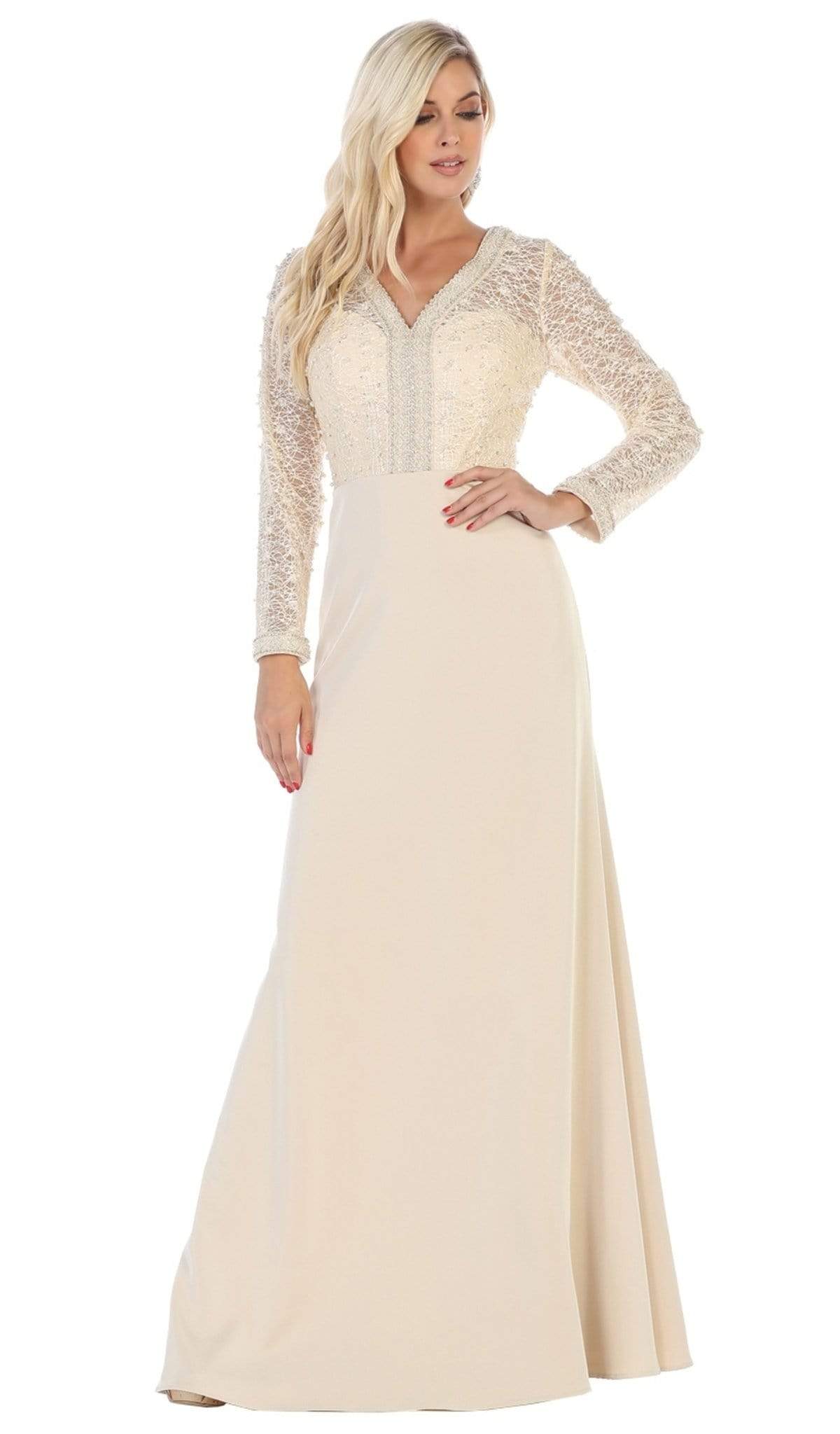 May Queen - RQ7692 Applique Long Sleeve Column Dress Special Occasion Dress M / Champagne