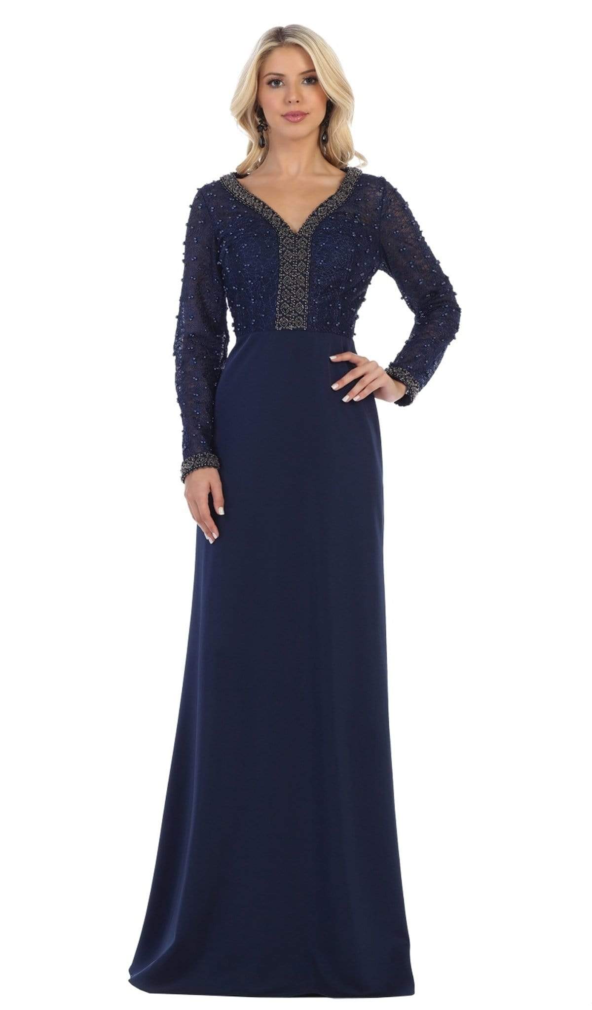May Queen - RQ7692 Applique Long Sleeve Column Dress Special Occasion Dress M / Navy