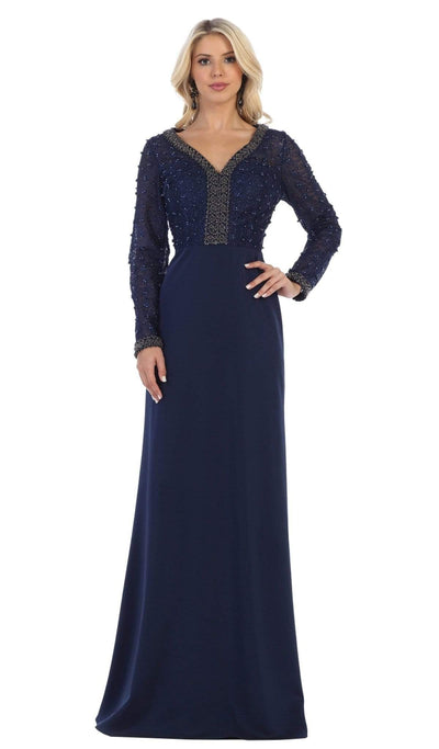 May Queen - RQ7692 Applique Long Sleeve Column Dress Special Occasion Dress M / Navy
