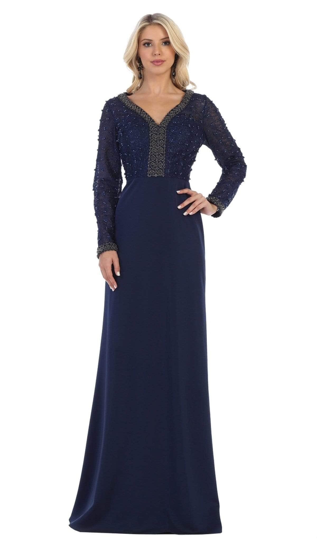 May Queen RQ7692 - Beaded V-Neck Formal Dress Mother of the Bride Dresses 4XL /Navy